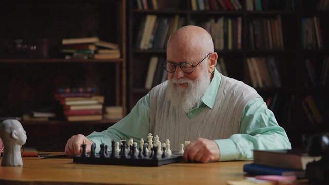 Thoughtful senior male in glasses playing chess alone, memory training game