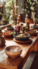 Fototapeta premium Colorful and healthy plant-based dining table in natural light.