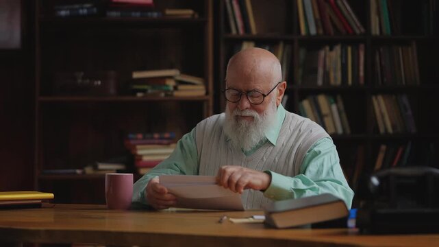 Elderly man sorting his mail in home library, checking paper utility bills