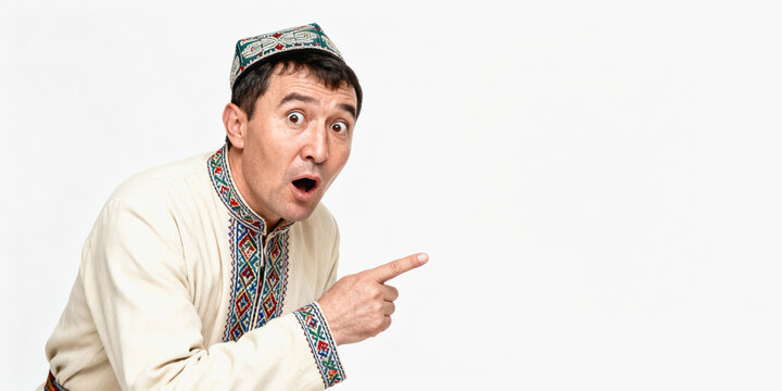 A surprised central asian man in his 40s with fair skin wearing traditional attire, pointing with an expression of shock. Cultural heritage and expressive communication concept