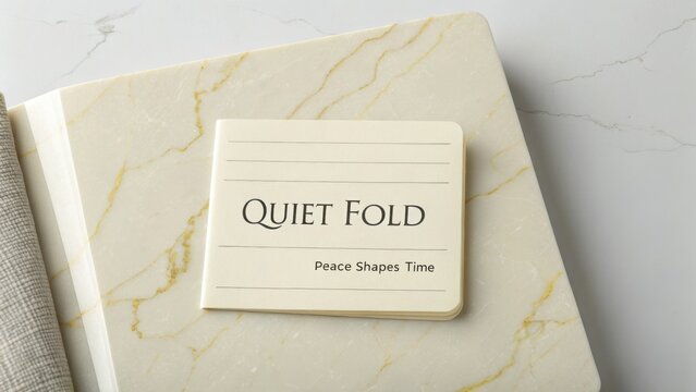 Elegant notebook on marble surface with the title 'Quiet Fold' suggesting peace and tranquility with minimalist design