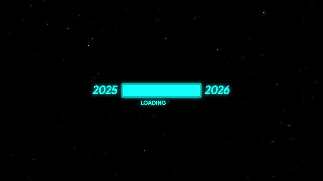 Futuristic loading bar transitioning from 2025 to 2026 with glowing cyan numbers and particles on