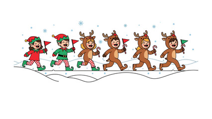 Festive Run: A group of children in Christmas costumes cheerfully running across a snowy landscape, each holding a flag, embodying the festive spirit of the season.