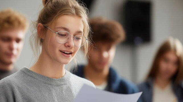 Young performers practice spoken word in a creative workshop in a well-lit setting