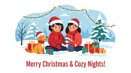Holiday Bliss: Two figures, wrapped in winter attire, are cozied up in a snowy scene, flanked by a dog, a cat, and surrounded by festively wrapped gifts.