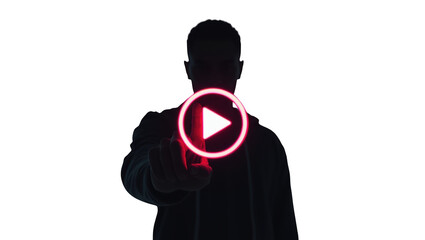 Man pressing red play button, transparent background