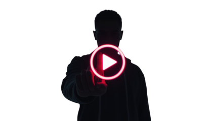 Man pressing red play button, transparent background