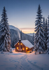 Cozy Log Cabin Nestled in a Snowy Forest During a Beautiful Winter Twilight