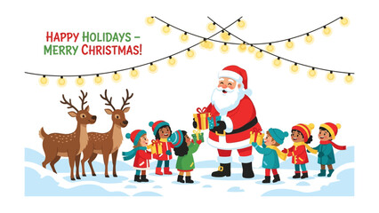 Santa's Yuletide Cheer: Santa, surrounded by joyful children, shares gifts under a festive string of lights and two reindeer.