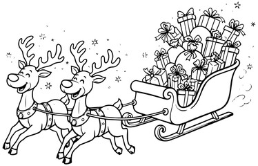 Festive reindeer pulling sleigh full of Christmas gifts for holiday cheer and traditions