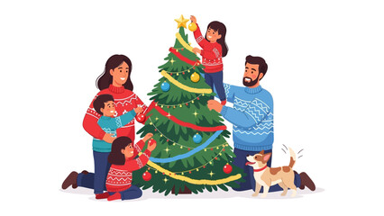 Christmas Family Moments: A family decorates the Christmas tree, creating a scene of holiday spirit, love and togetherness. Capturing the spirit of giving and sharing.