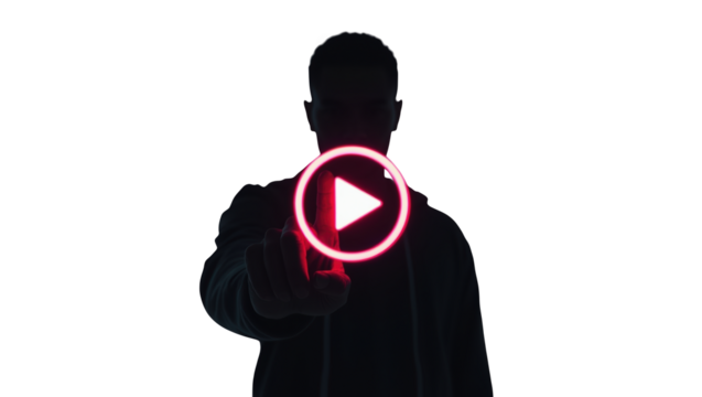 Man pressing red play button, transparent background