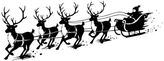 Santa Claus sleigh silhouette with reindeer team dashing through the snow illustration