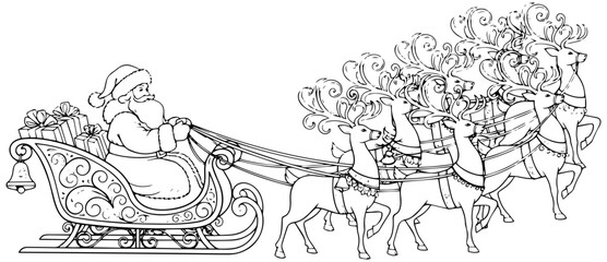 Obraz premium Whimsical Santa Claus riding sleigh with reindeer team, perfect for holiday designs