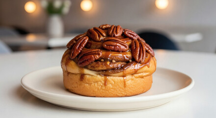 Perfectly Glazed Caramel Pecan Sticky Bun Served on a Clean White Plate in a Modern, Bright Cafe Setting with Warm Bokeh Lights