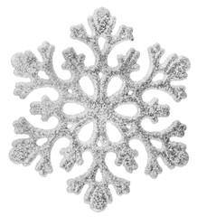 White glitter snowflake ornament with hanging string isolated on white background with clipping path. Festive Christmas decoration symbolizing winter and holiday joy PNG File.