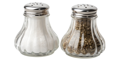 Glass salt and pepper shakers set, isolated on transparent background, realistic granular details.