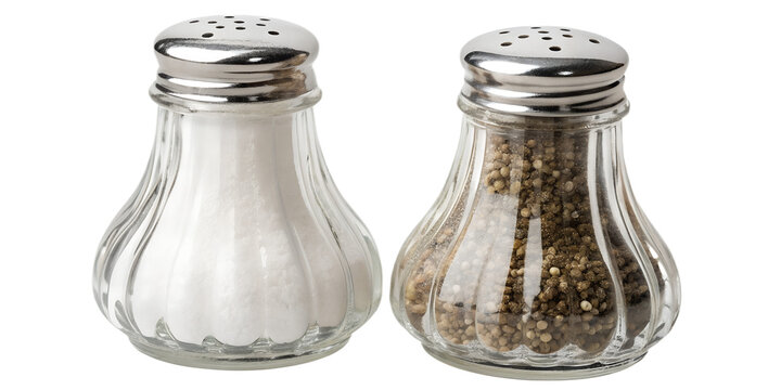 Glass salt and pepper shakers set, isolated on transparent background, realistic granular details.