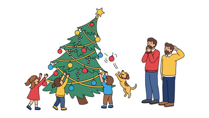 Christmas Family Gathering: A family gathers, filled with excitement, to decorate their Christmas tree, a scene of togetherness and joy, embodying the warmth of the season.