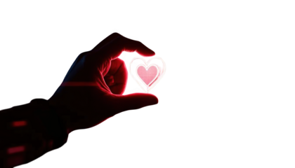 Hand holding glowing heart, transparent background