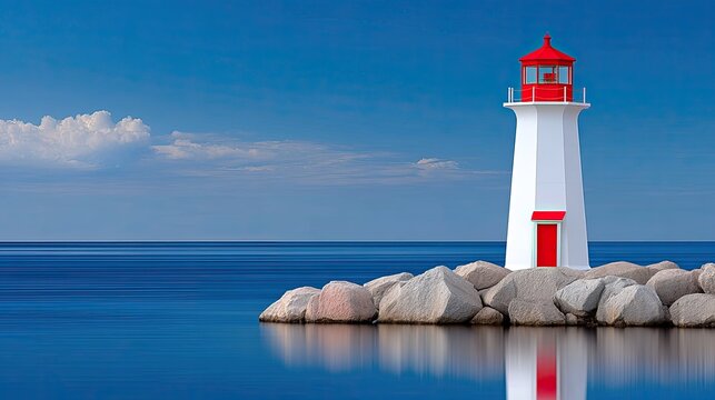 Classic White Lighthouse With Red Trim Stands Tall On A Rocky Shoreline Under A Bright Blue Sky With Calm Water Reflections - Powered by Adobe