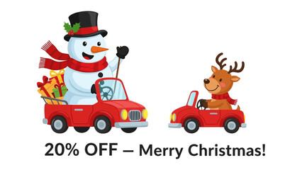 Christmas Car Parade: A cheerful snowman and a playful reindeer merrily cruise along in their red convertibles, spreading holiday cheer and goodwill. Adorned with gifts.