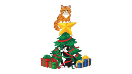 Whimsical Christmas Cats: Playful felines bring festive cheer to a decorated Christmas tree, amidst wrapped gifts, radiating holiday joy and warmth.