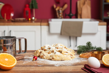 Dough for Panettone on table in kitchen. Christmas food concept