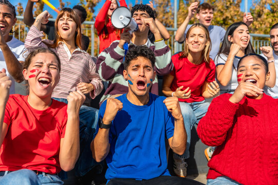 Cheering fans celebrating a sports victory in stadium - Powered by Adobe