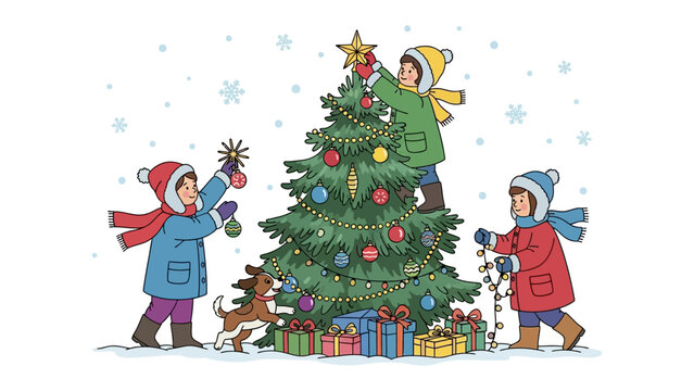 Christmas Decoration: Children gather to adorn a festive tree with ornaments, a star, and garlands. A dog excitedly joins the joyful preparation, creating a heartwarming scene of holiday cheer.