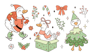 Silly Christmas Goose Clipart. Funny Xmas Santa Goose Memes Design. Merry Christmas Cottage Holiday Illustrations in Cartoon Vector Style