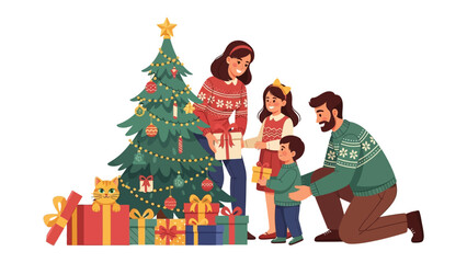 Family Festive: A family joyfully exchanging presents near a decorated Christmas tree, evoking the warmth and excitement of the holiday season.