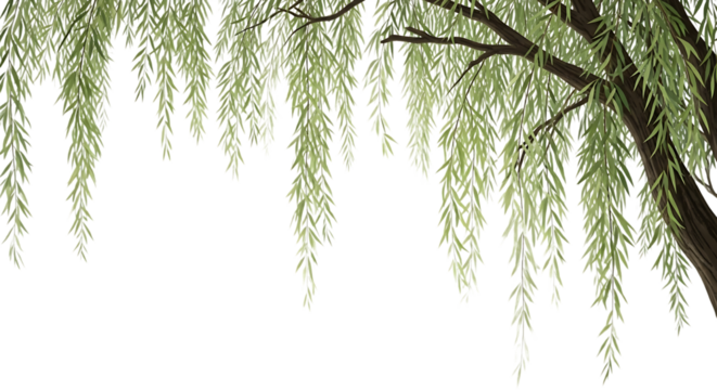 Weeping willow tree isolated on transparent background with green leaves