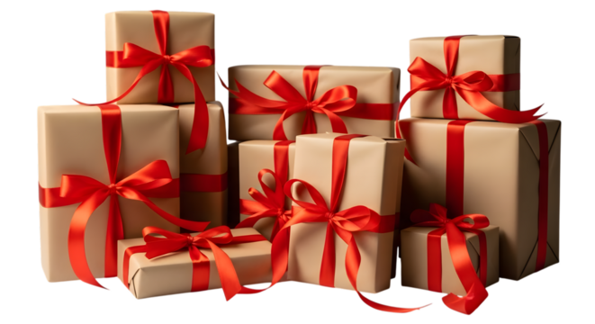 Stack of wrapped presents with red ribbon 