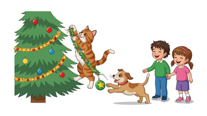 Festive Family Cheer: Capture a heartwarming scene, kids, cute puppy, and a curious cat eagerly collaborate, decorating a Christmas tree with ornaments, evoking a spirit of joy and togetherness