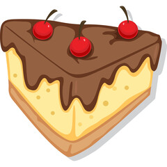 Slice of Cheesecake With Chocolate Ganache Topping And Red Cherries Isolated On Transparent Background