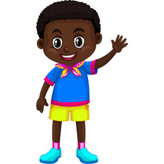 Smiling young black boy with short dark curly hair wearing blue t-shirt yellow shorts and pink shoes waving happily on a transparent background, illustration