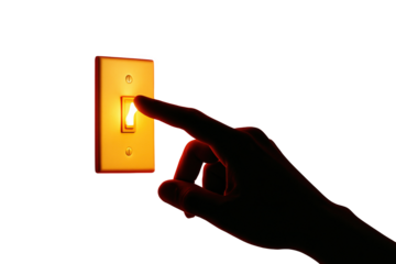 Hand turning on light switch, transparent background