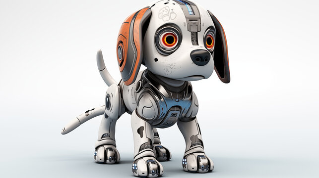 A robotic dog with orange ears and glowing red eyes standing on a white surface looking forward