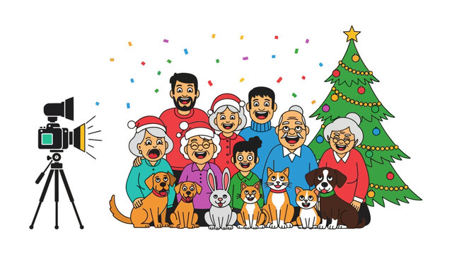 Family Portrait Christmas: A cheerful family gathering with their beloved pets, capturing the holiday spirit with a festive Christmas tree and vibrant confetti creating a joyous holiday scene.