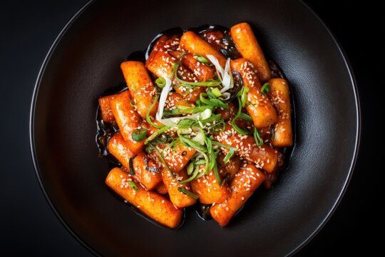Deliciously Spicy Korean Tteokbokki Stir-Fried Rice Cakes Garnished with Scallions and Sesame Seeds for a Vibrant Culinary Experience captured with clarity