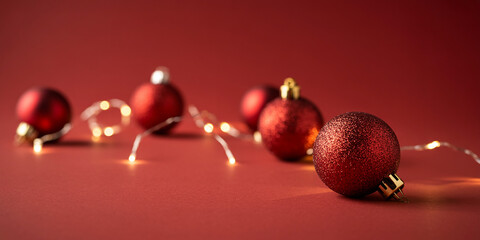 Arrangement of beautiful red christmas ornaments decoration with bright lights glowing on plain red backdrop for winter holidays season banner concept 200