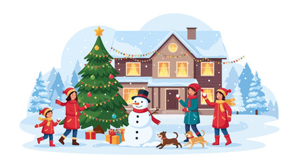 Winter Wonderland Celebration: A joyful scene of children playing in the snow, building a snowman, and decorating a Christmas tree in front of a cozy house.