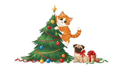 Christmas Cheer: A Cute Cat and Dog Decorating a Festive Christmas Tree, Embodying Holiday Spirit and Joy.