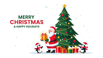 Christmas Cheer: A festive scene where Santa Claus stands beside a decorated evergreen tree, holding gift, with penguins around. It embodies the joy of the holidays.