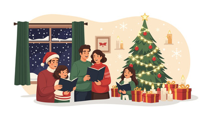 Warmth of a Family Christmas: A loving family gathers around a beautifully decorated Christmas tree, their voices blending in harmony as they sing carols, surrounded by wrapped gifts.