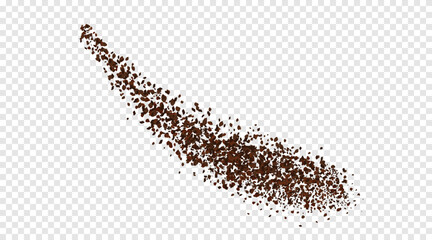 Scattering of coffee or chocolate pieces. Ground coffee or cocoa beans. Realistic 3d vector.