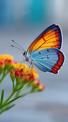 Close up Macro Shot Of A Small Butterfly With Orange And Blue Wings Perched On A Cluster Of Small Yellow And Red Flowers With Soft Blue Background