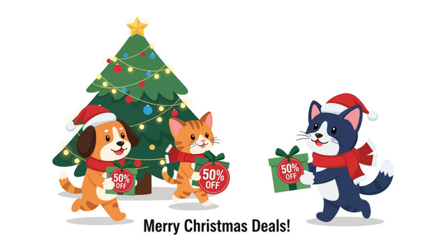 Festive Christmas Offers: Animated Christmas cartoon characters with Christmas decorations are excited about shopping for Christmas deals. Capturing the Christmas spirit and shopping season.