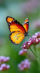 Fototapeta premium Close up of a Monarch Butterfly with orange and black wings perched on a cluster of small pink wildflowers with a soft green blurred background.
